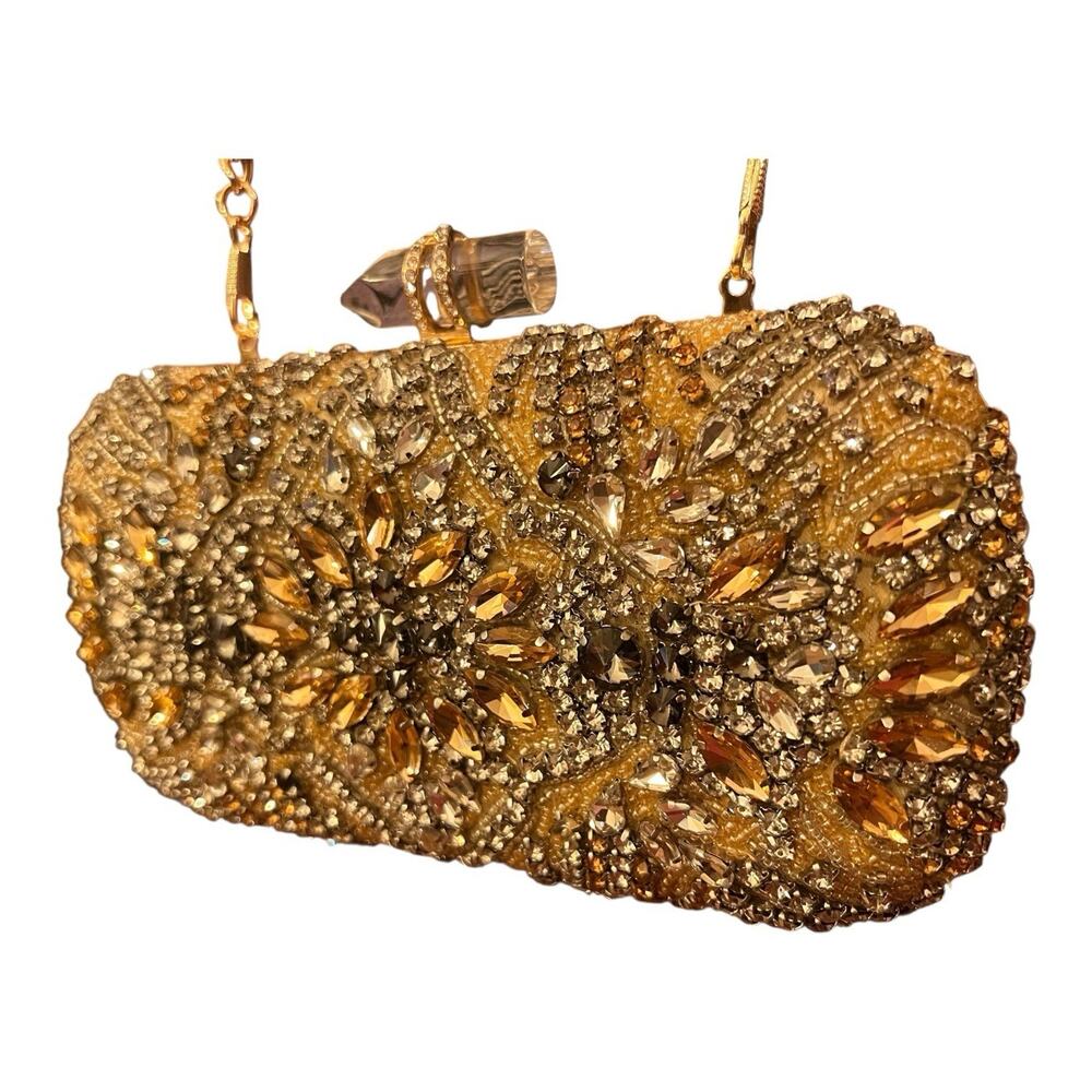 NINA Gold Pink Sparkling Beaded Evening Clutch Box Purse
